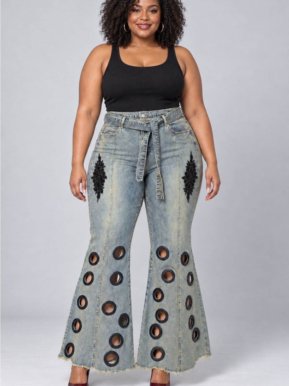 Upcycled Flare Jeans with embellished & Grommet Cutouts and Tie Waist size 22